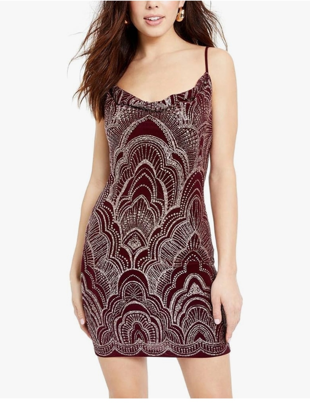 Jump Cocktail Burgundy Detailed Patterned Slip Dress